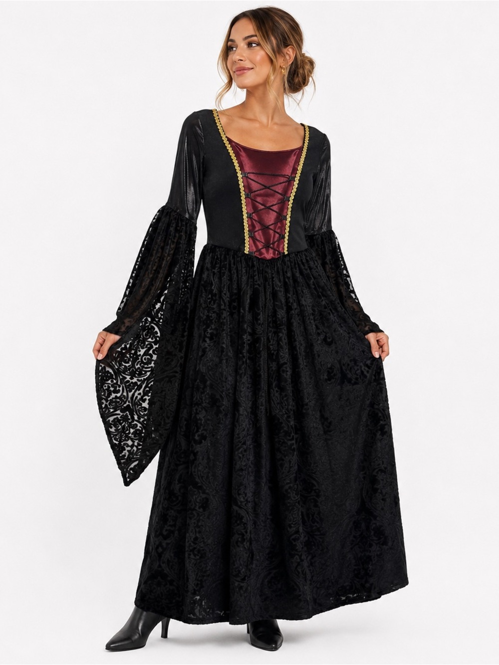 Renaissance Gothic Princess Costume Black Burgundy Velvet Dress S 4/6 Halloween
